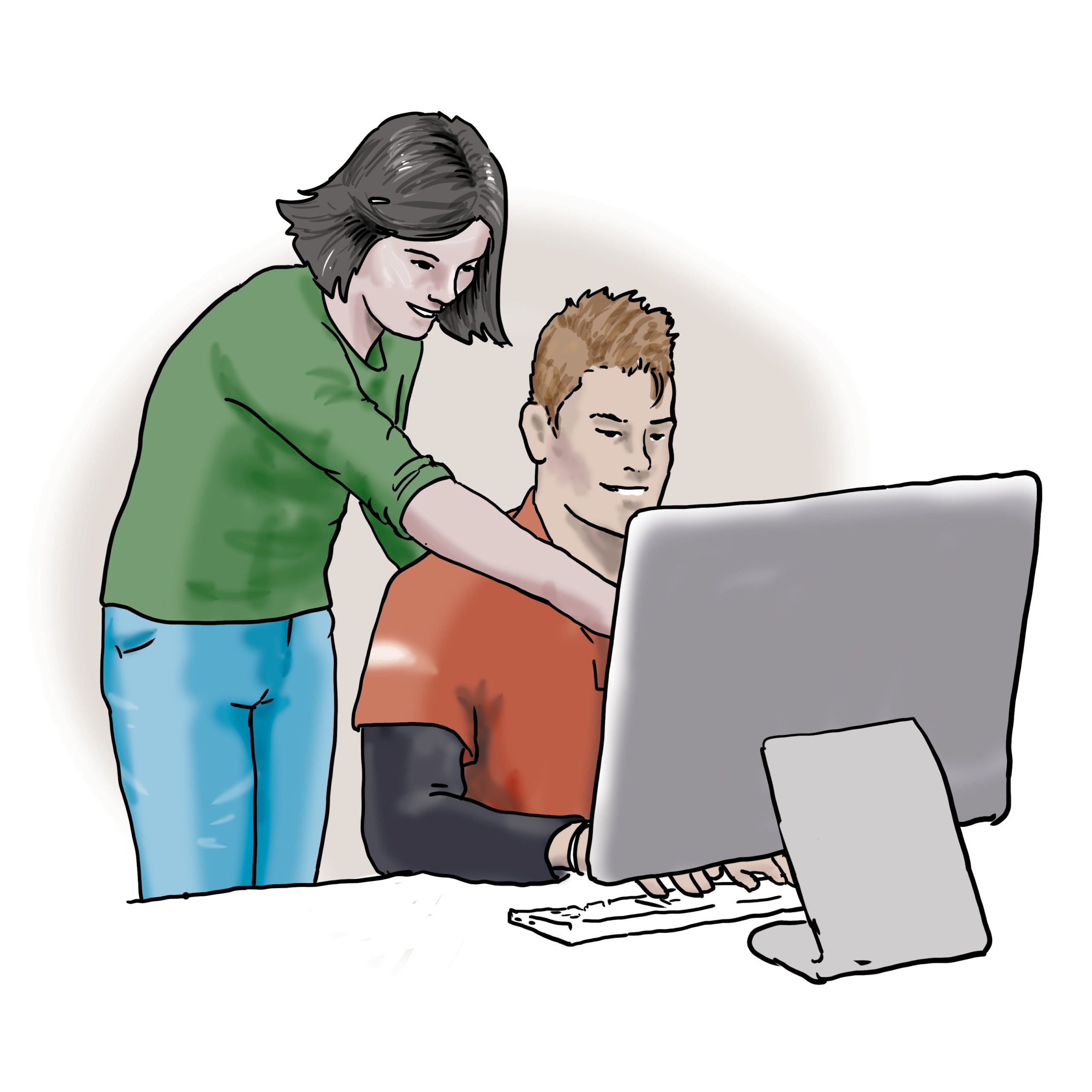 Das Bild zeigt zwei Menschen. Sie schauen gemeinsam auf einen Computerbildschirm.