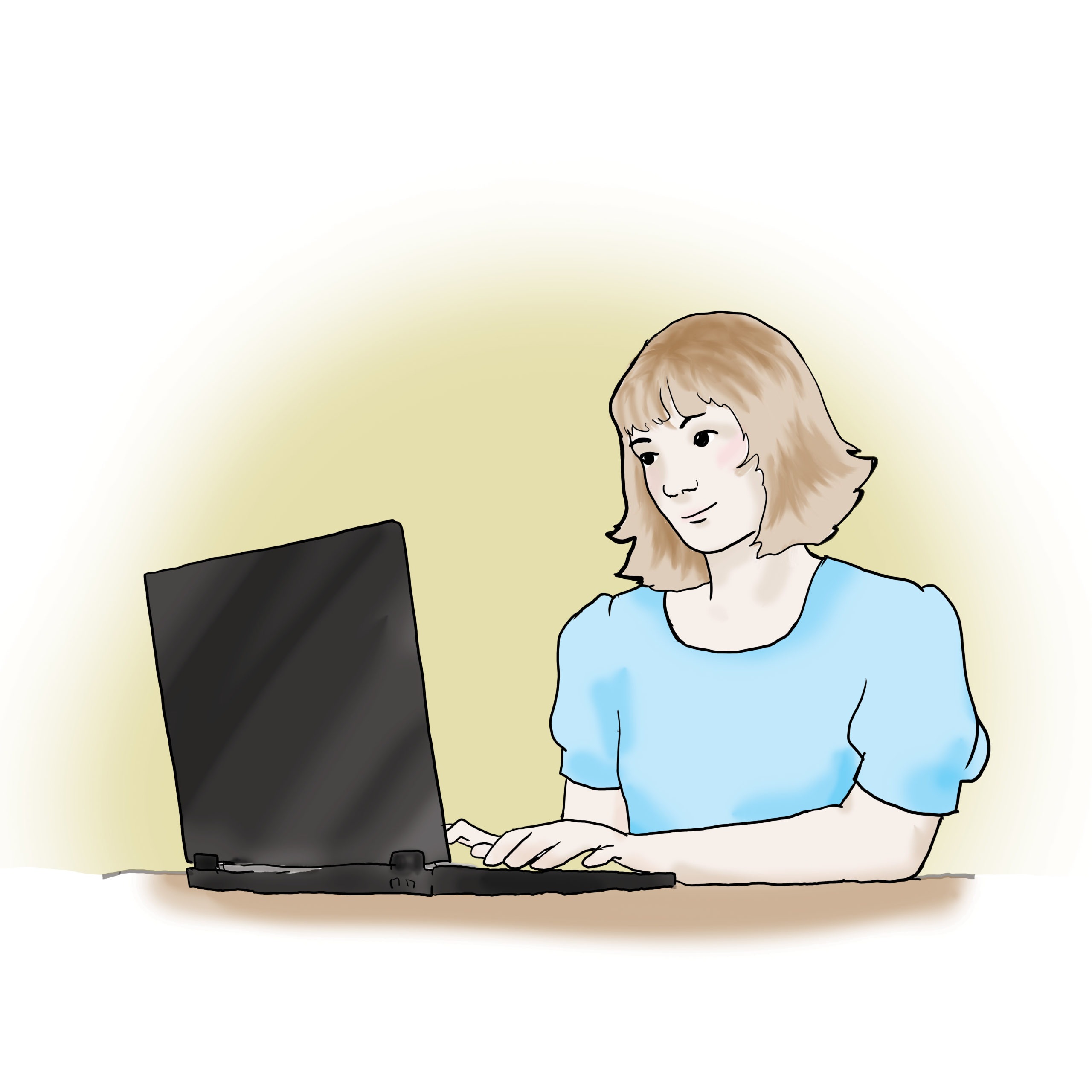 Das Bild zeigt eine Frau. Die Frau sitzt vor einem Laptop.